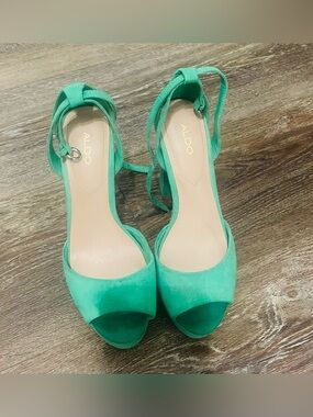 ALDO Teal Green Suede Open-Toe Ankle Strap Heels
